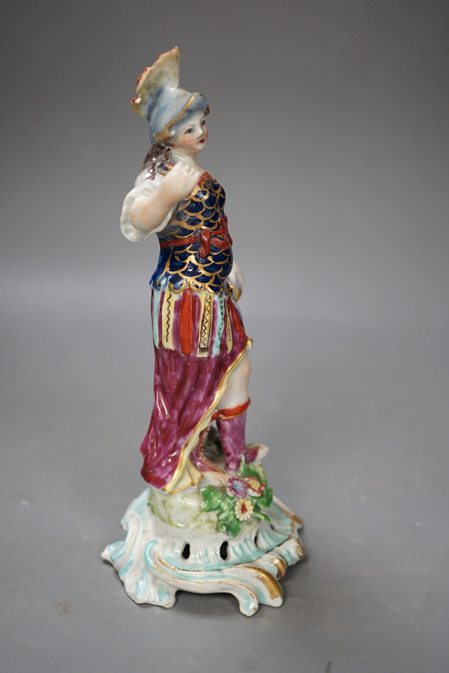 An 18th century Bow porcelain figure of Minerva, iron red dagger and anchor mark, 21cm tall